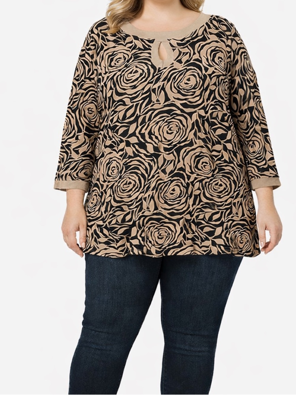 Roaman’s 2X Floral Tunic Top Beige Black 3/4 Sleeve Flowy